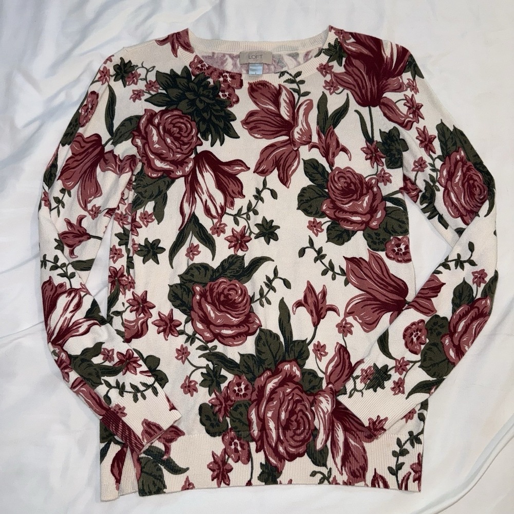 Loft Outlet Womens Small Floral Rose Print Crewneck Sweater Burgundy Cream S
